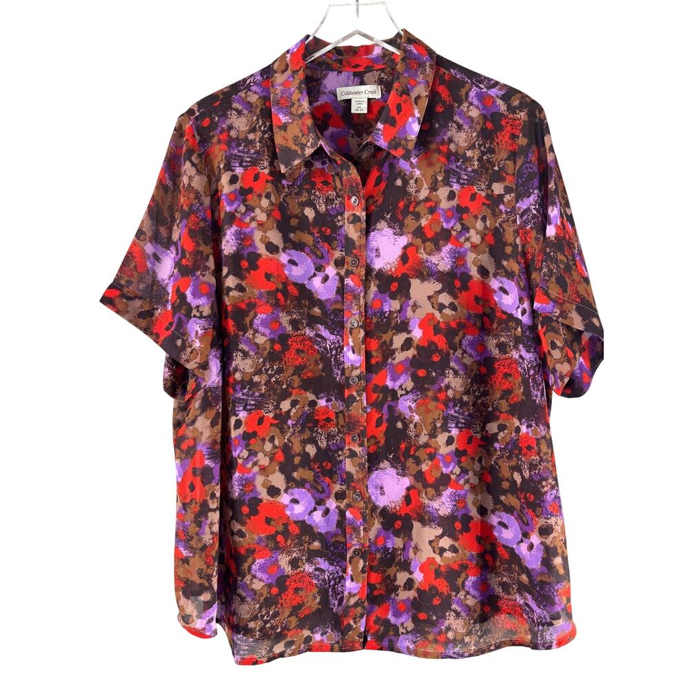 Coldwater Creek Abstract Floral Purple Red Brown Lightweight Blouse Womens 2X